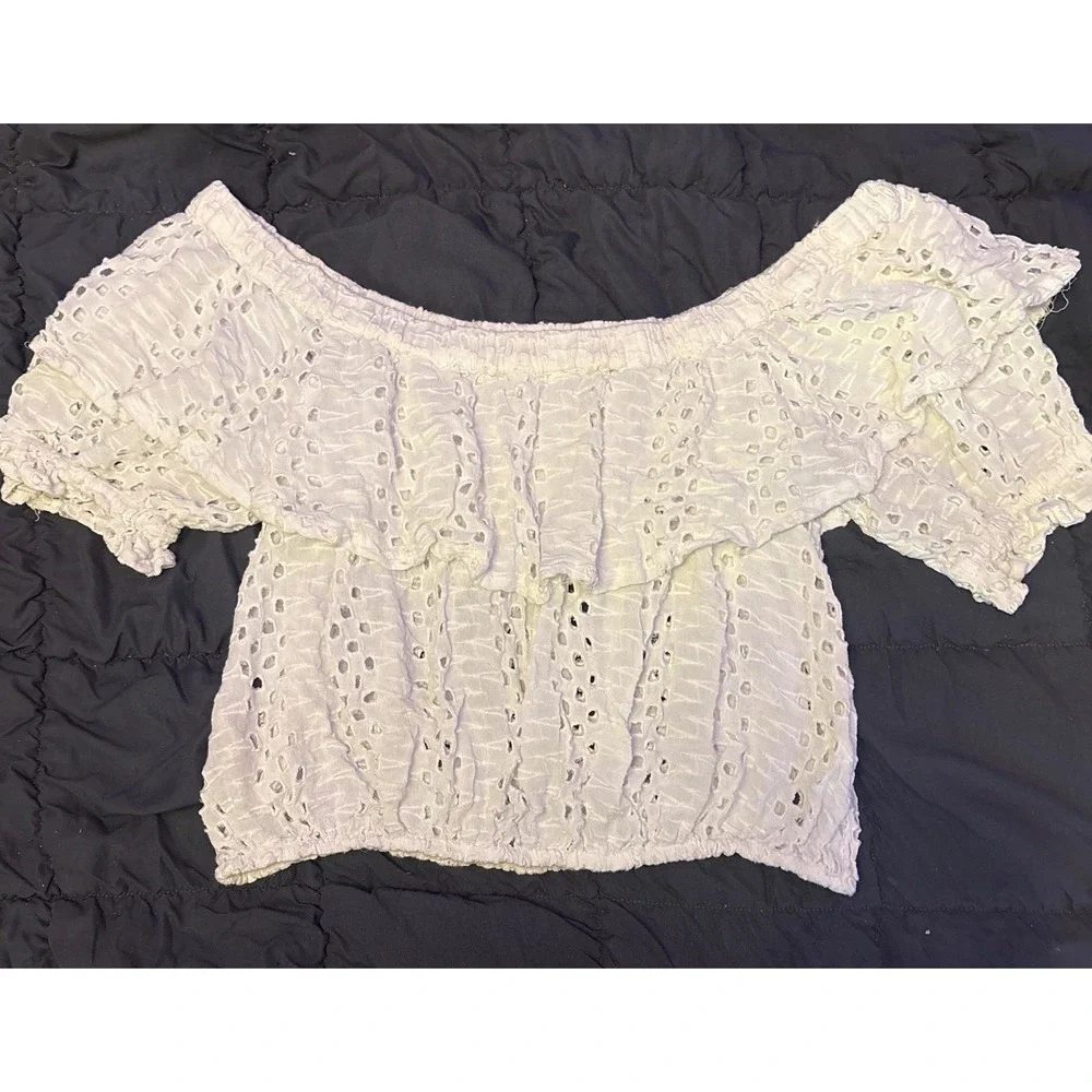 Free People Womens White Thrills + Frills‎ Eyelet Off Shoulder Crop Top Large